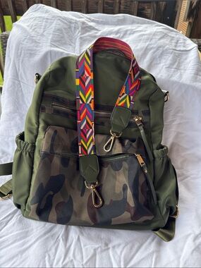 Olive Green Camo Backpack with Colorful Strap